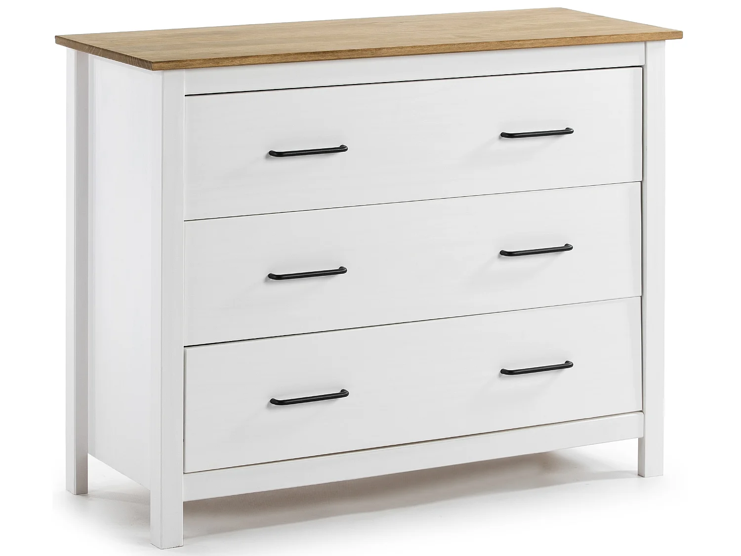 Commode en pin massif décor ciré blanc et chêne, meuble de rangement - Longueur 100 x Profondeur 40 x Hauteur 80 cm