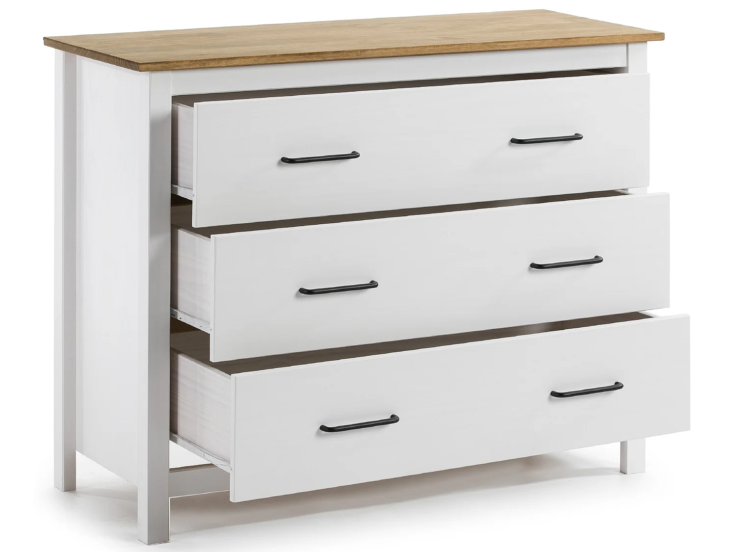 Commode en pin massif décor ciré blanc et chêne, meuble de rangement - Longueur 100 x Profondeur 40 x Hauteur 80 cm