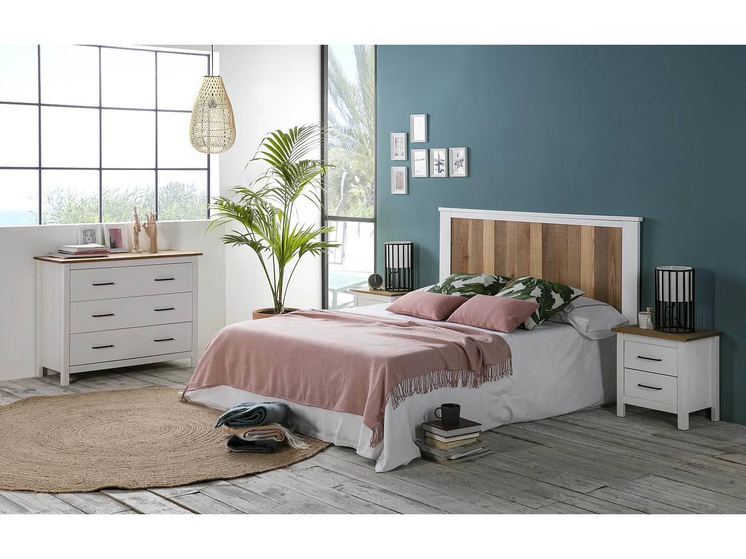 Commode en pin massif décor ciré blanc et chêne, meuble de rangement - Longueur 100 x Profondeur 40 x Hauteur 80 cm