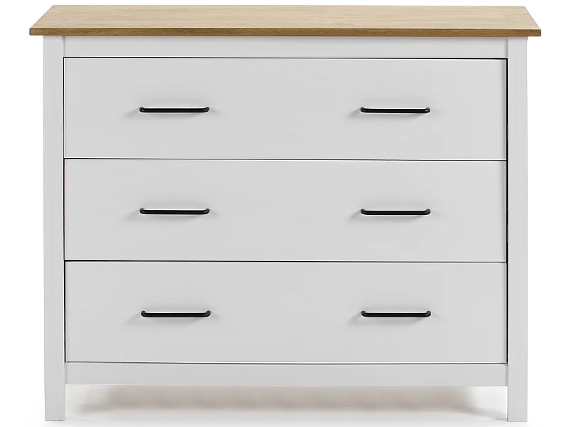 Commode en pin massif décor ciré blanc et chêne, meuble de rangement - Longueur 100 x Profondeur 40 x Hauteur 80 cm