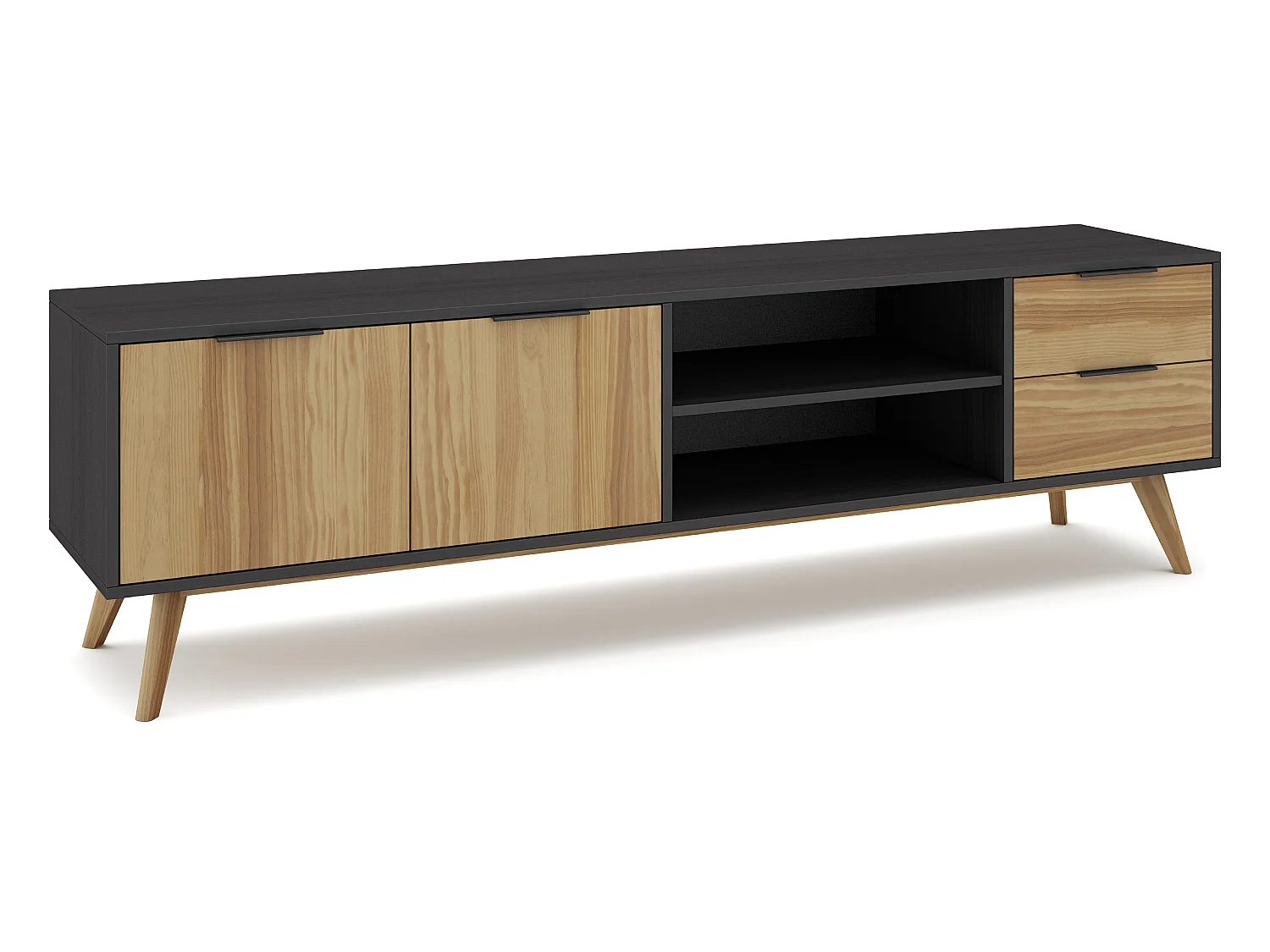 Meuble TV en pin massif décor ciré naturel et noir, meuble de rangement - Longueur 180 x Profondeur 40 x Hauteur 52 cm