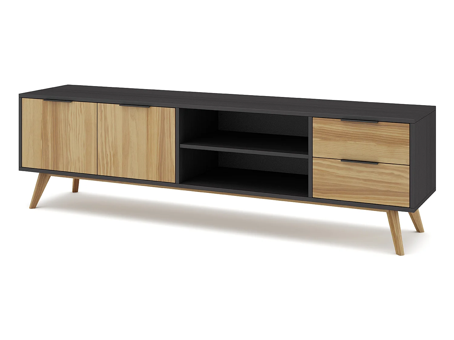 Meuble TV en pin massif décor ciré naturel et noir, meuble de rangement - Longueur 180 x Profondeur 40 x Hauteur 52 cm