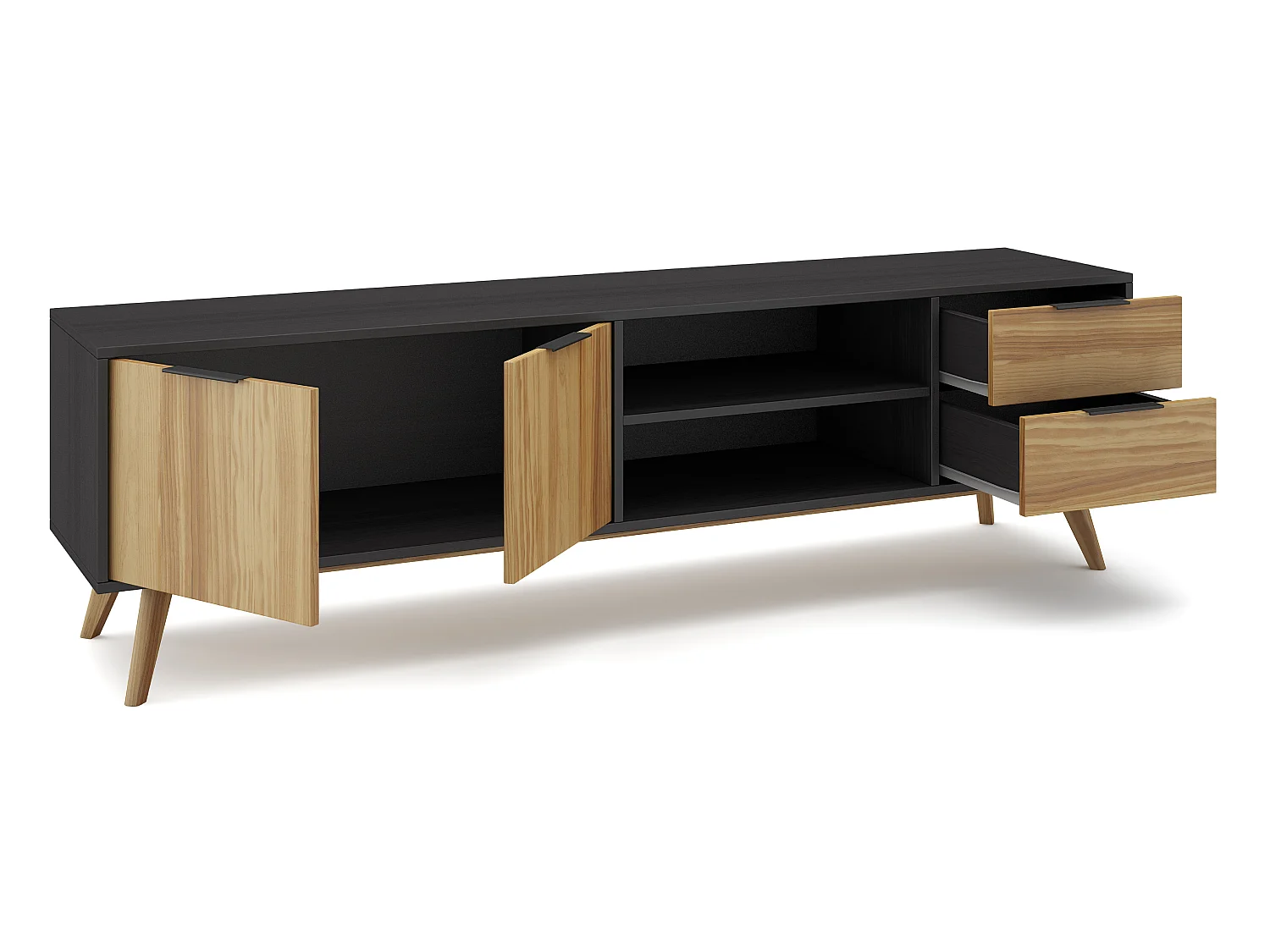 Meuble TV en pin massif décor ciré naturel et noir, meuble de rangement - Longueur 180 x Profondeur 40 x Hauteur 52 cm