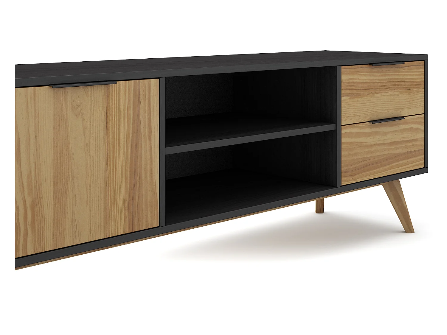 Meuble TV en pin massif décor ciré naturel et noir, meuble de rangement - Longueur 180 x Profondeur 40 x Hauteur 52 cm