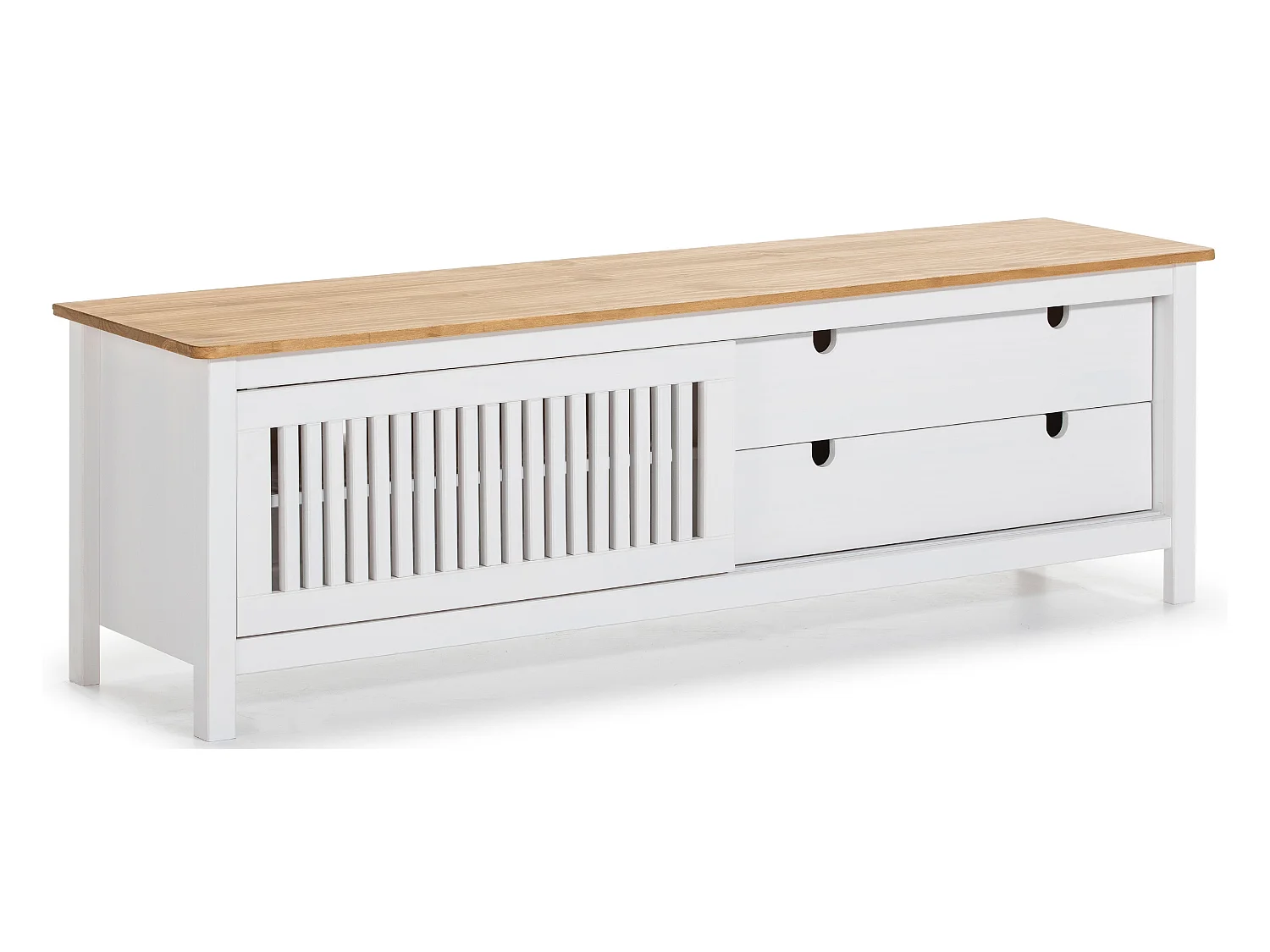 Meuble TV en pin massif décor ciré chêne et blanc, meuble de rangement - Longueur 158 x Profondeur 40 x Hauteur 49.6 cm