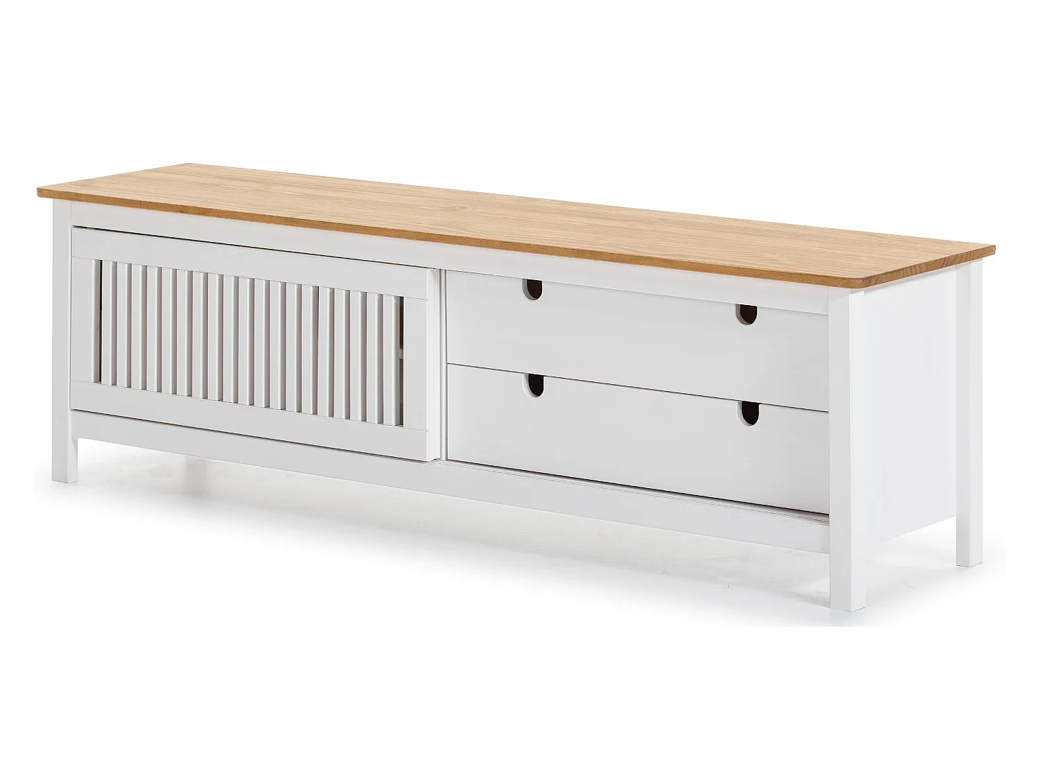 Meuble TV en pin massif décor ciré chêne et blanc, meuble de rangement - Longueur 158 x Profondeur 40 x Hauteur 49.6 cm