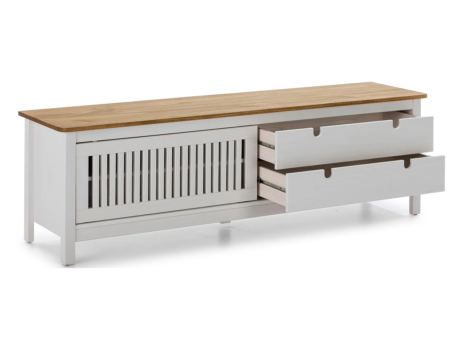 Meuble TV en pin massif décor ciré chêne et blanc, meuble de rangement - Longueur 158 x Profondeur 40 x Hauteur 49.6 cm