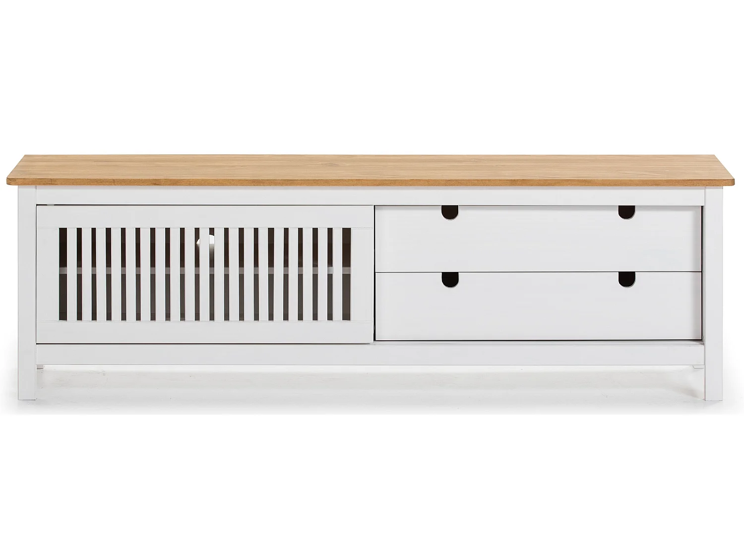 Meuble TV en pin massif décor ciré chêne et blanc, meuble de rangement - Longueur 158 x Profondeur 40 x Hauteur 49.6 cm