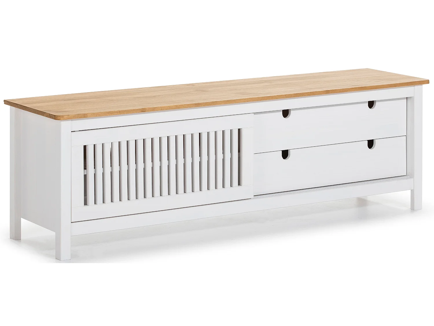 Meuble TV en pin massif décor ciré chêne et blanc, meuble de rangement - Longueur 158 x Profondeur 40 x Hauteur 49.6 cm