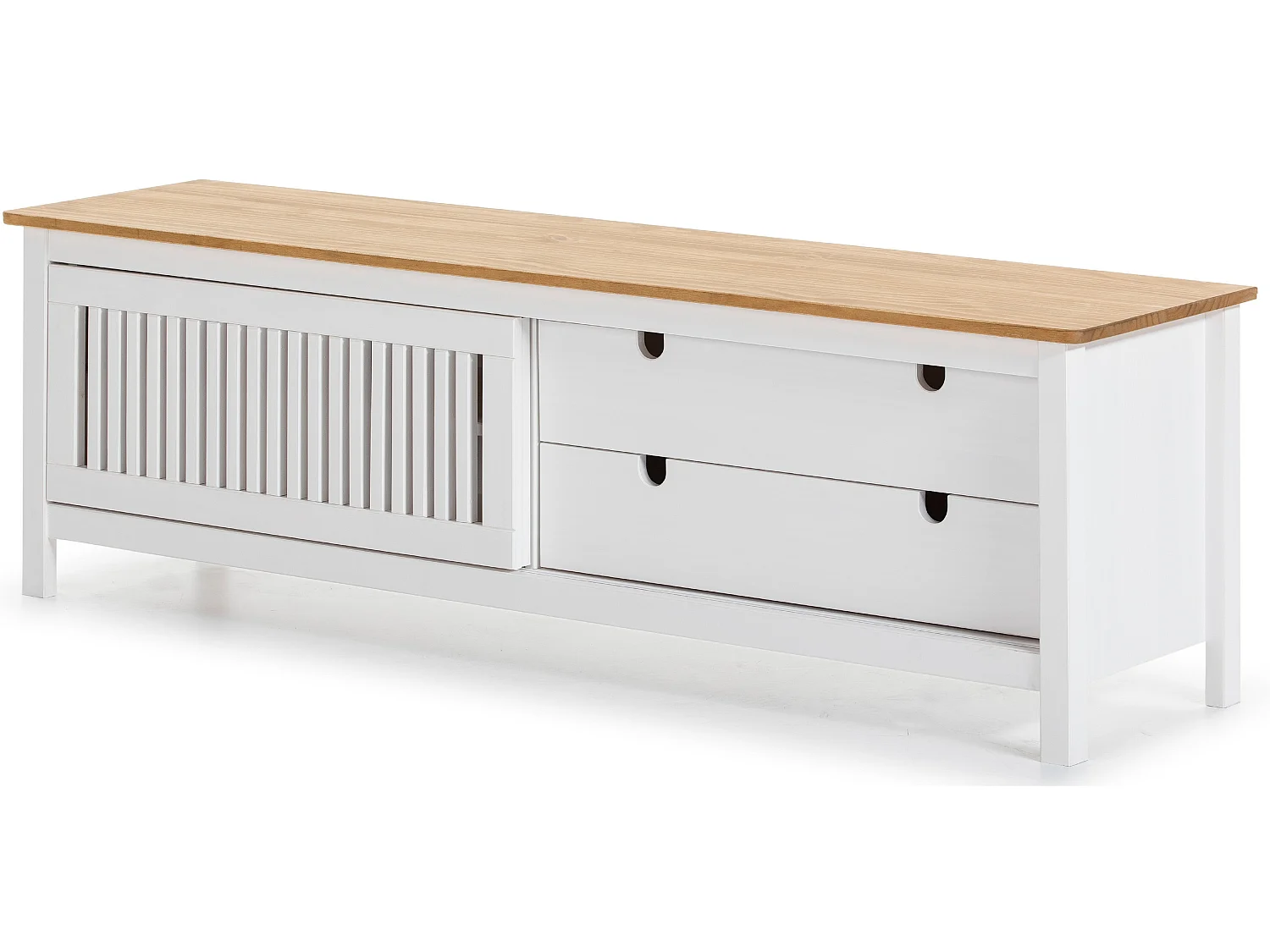 Meuble TV en pin massif décor ciré chêne et blanc, meuble de rangement - Longueur 158 x Profondeur 40 x Hauteur 49.6 cm
