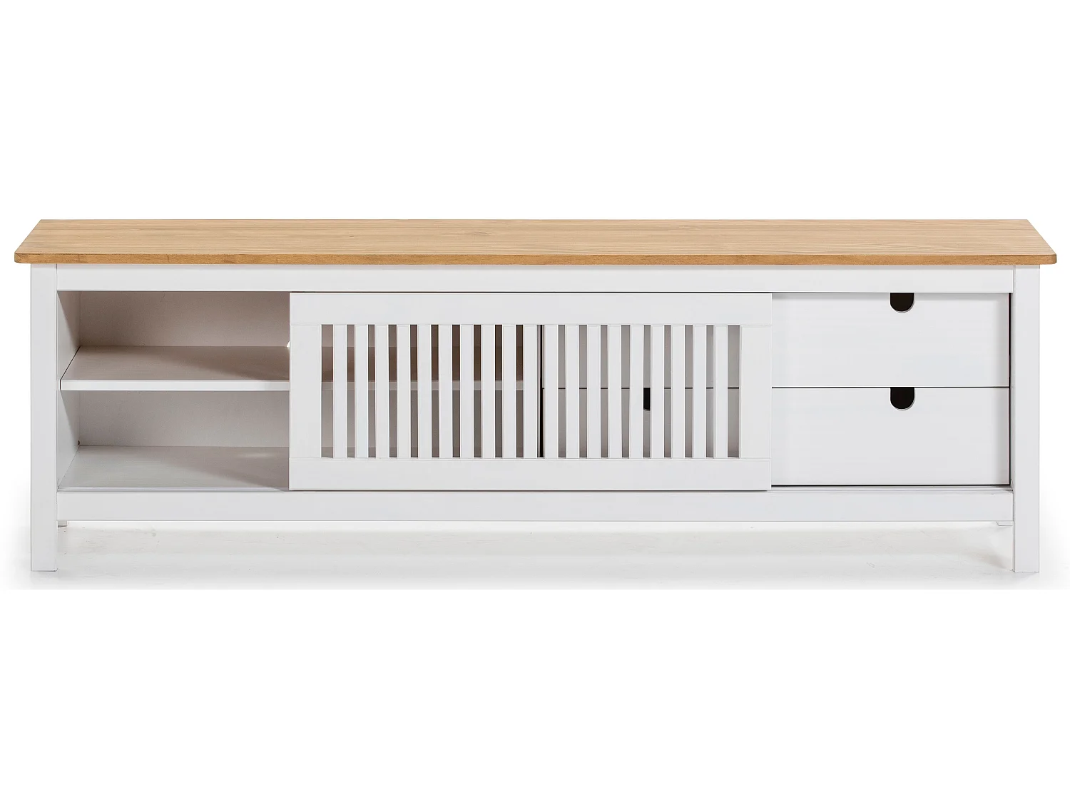 Meuble TV en pin massif décor ciré chêne et blanc, meuble de rangement - Longueur 158 x Profondeur 40 x Hauteur 49.6 cm