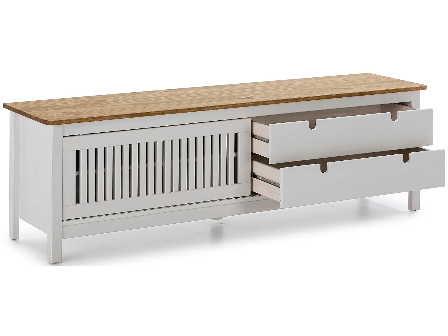 Meuble TV en pin massif décor ciré chêne et blanc, meuble de rangement - Longueur 158 x Profondeur 40 x Hauteur 49.6 cm