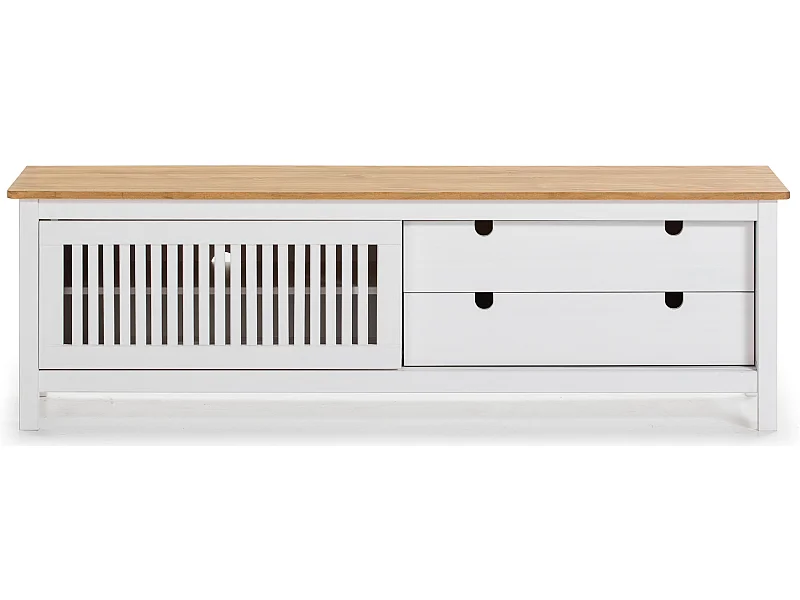 Meuble TV en pin massif décor ciré chêne et blanc, meuble de rangement - Longueur 158 x Profondeur 40 x Hauteur 49.6 cm