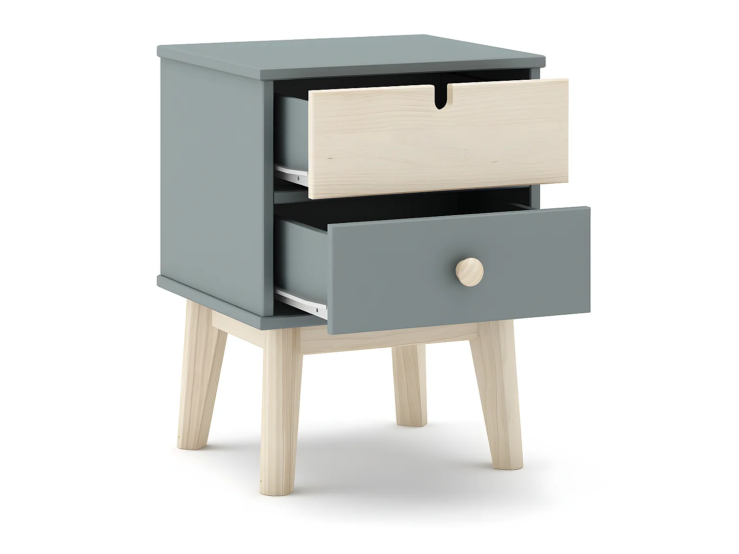 Table de chevet, table de nuit en pin ciré et MDF coloris vert kaki, blanc - Longueur 40 x Profondeur 35 x Hauteur 52 cm