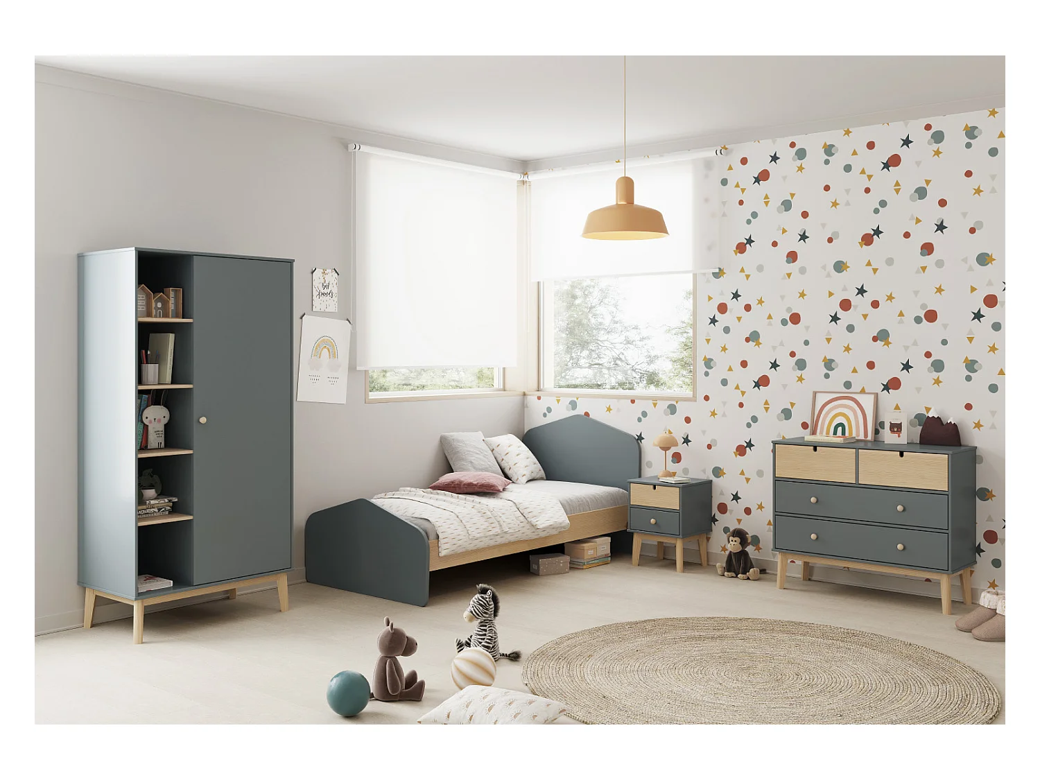 Table de chevet, table de nuit en pin ciré et MDF coloris vert kaki, blanc - Longueur 40 x Profondeur 35 x Hauteur 52 cm