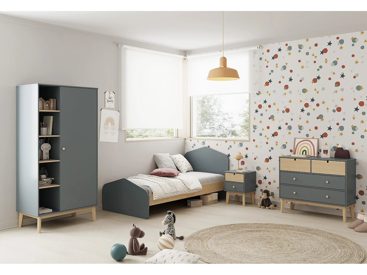 Table de chevet, table de nuit en pin ciré et MDF coloris vert kaki, blanc - Longueur 40 x Profondeur 35 x Hauteur 52 cm