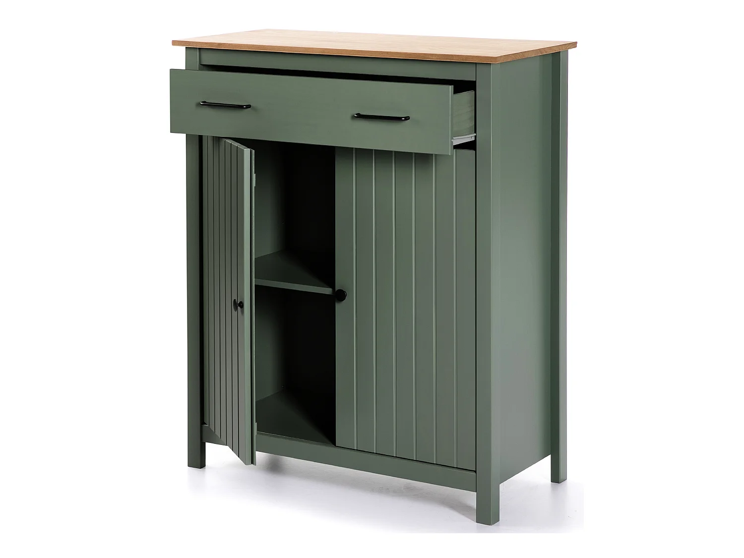 Meuble de rangement, meuble d'appoint en pin massif décor ciré chêne et vert - Longueur 90 x Profondeur 40 x Hauteur 110 cm