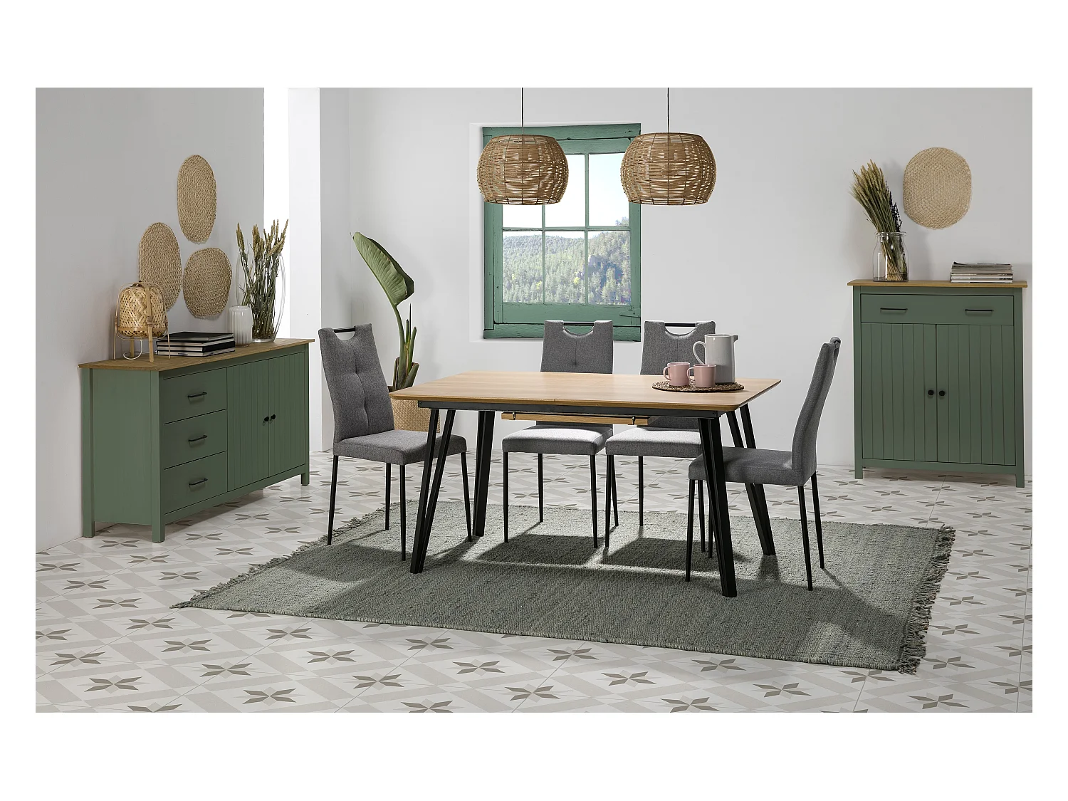 Meuble de rangement, meuble d'appoint en pin massif décor ciré chêne et vert - Longueur 90 x Profondeur 40 x Hauteur 110 cm