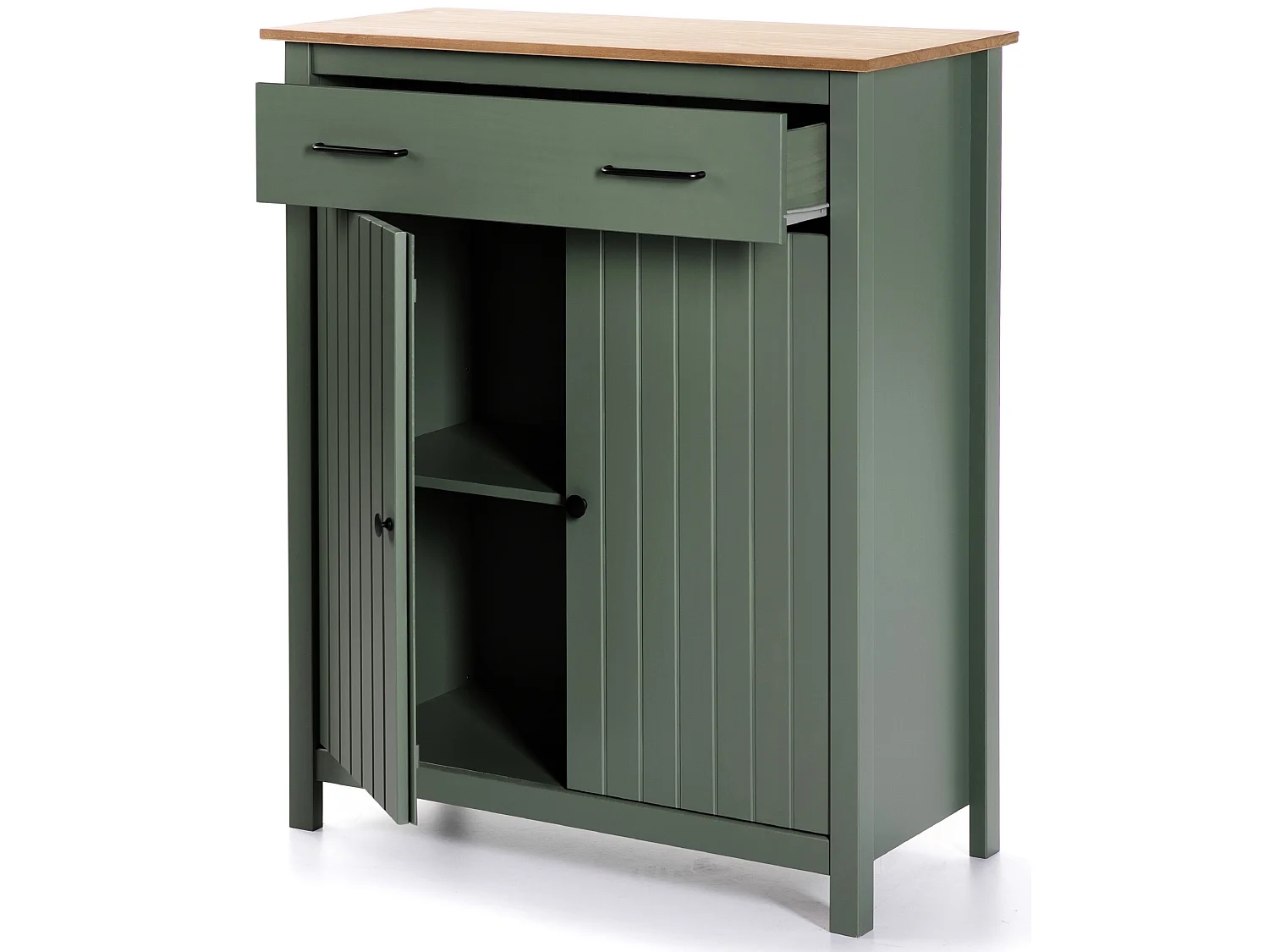 Meuble de rangement, meuble d'appoint en pin massif décor ciré chêne et vert - Longueur 90 x Profondeur 40 x Hauteur 110 cm