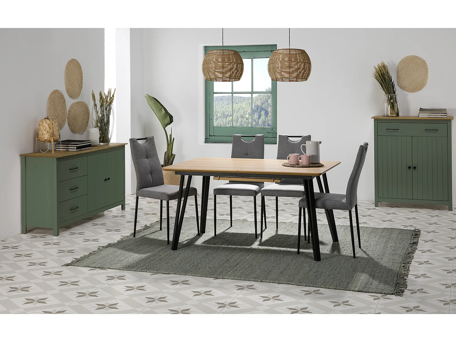 Meuble de rangement, meuble d'appoint en pin massif décor ciré chêne et vert - Longueur 90 x Profondeur 40 x Hauteur 110 cm