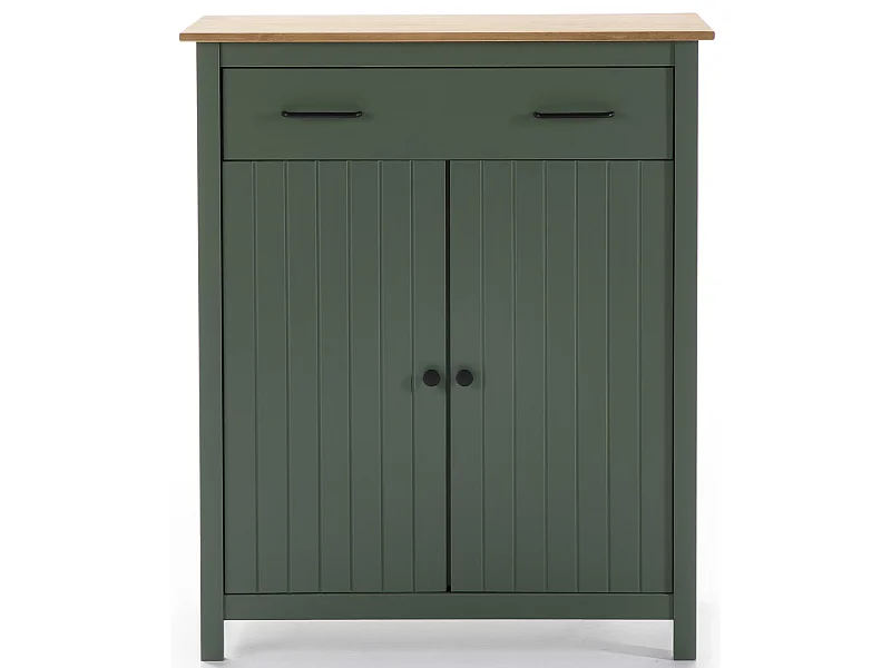 Meuble de rangement, meuble d'appoint en pin massif décor ciré chêne et vert - Longueur 90 x Profondeur 40 x Hauteur 110 cm