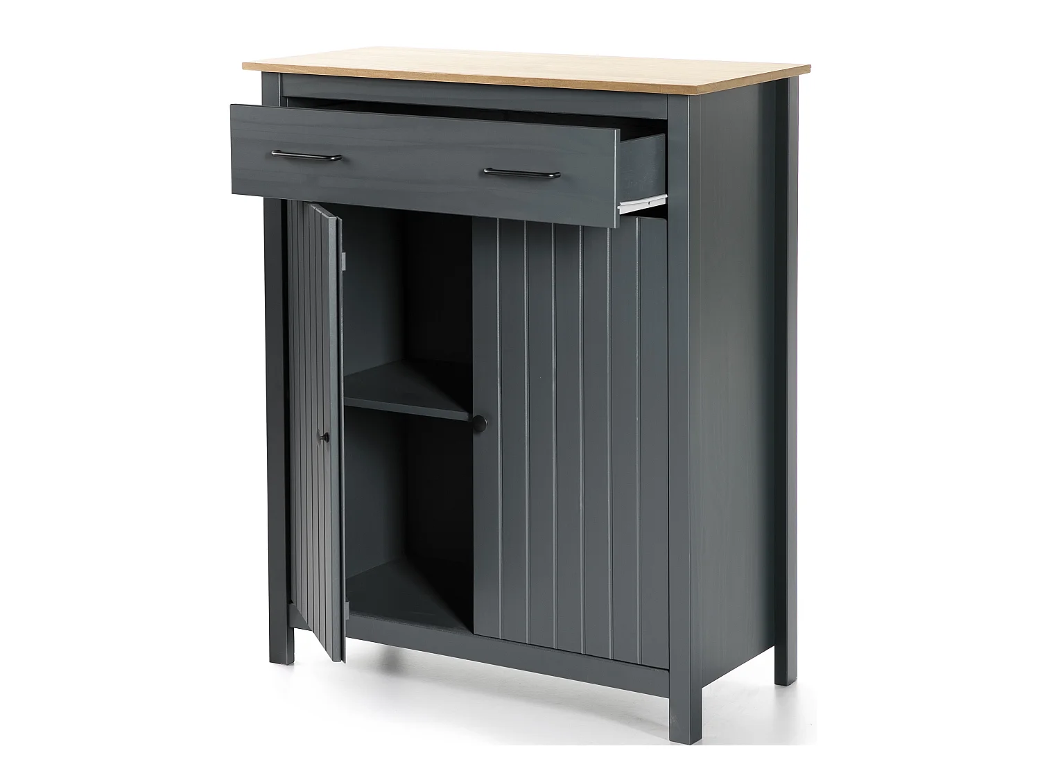 Meuble de rangement d'appoint en pin massif décor ciré chêne et bleu - Longueur 90 x Profondeur 40 x Hauteur 110 cm