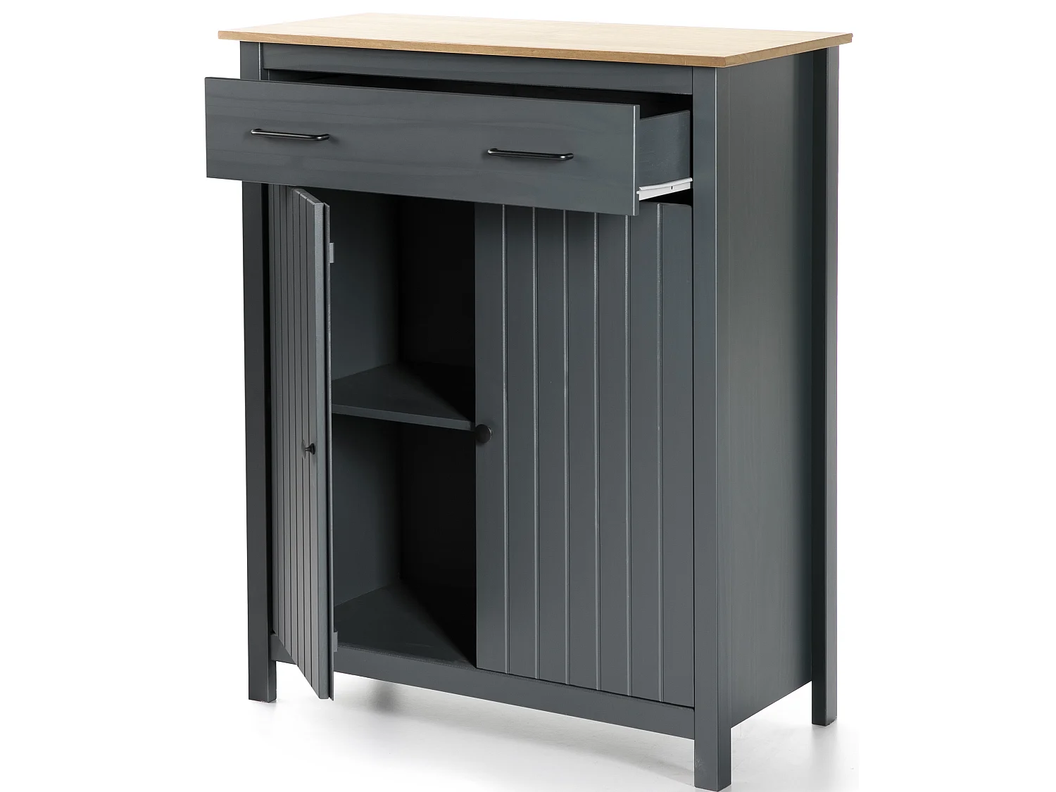 Meuble de rangement d'appoint en pin massif décor ciré chêne et bleu - Longueur 90 x Profondeur 40 x Hauteur 110 cm