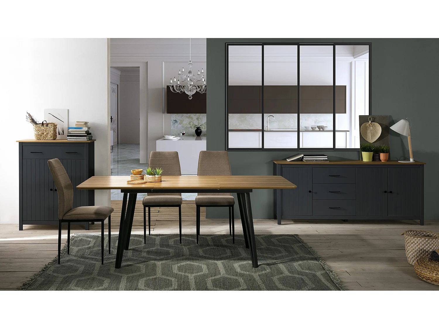 Meuble de rangement d'appoint en pin massif décor ciré chêne et bleu - Longueur 90 x Profondeur 40 x Hauteur 110 cm