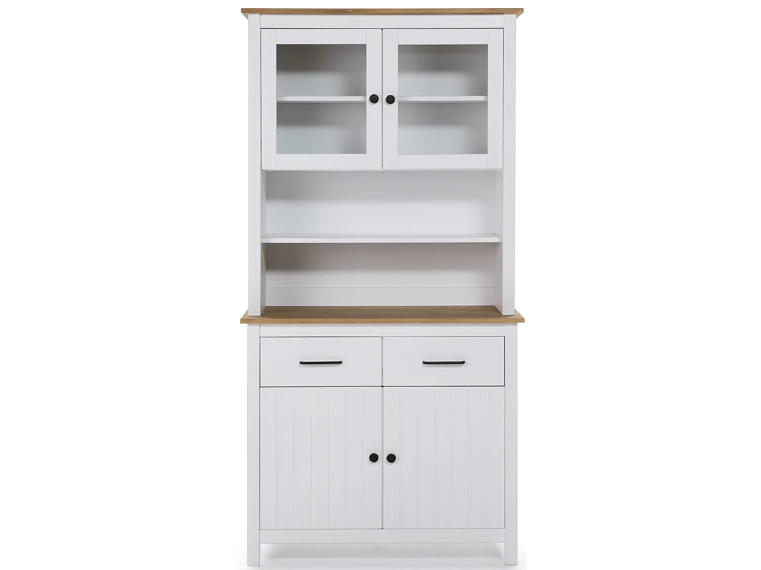 Vitrine en pin massif décor ciré chêne et blanc, meuble de rangement - Longueur 90 x Profondeur 40 x Hauteur 180 cm