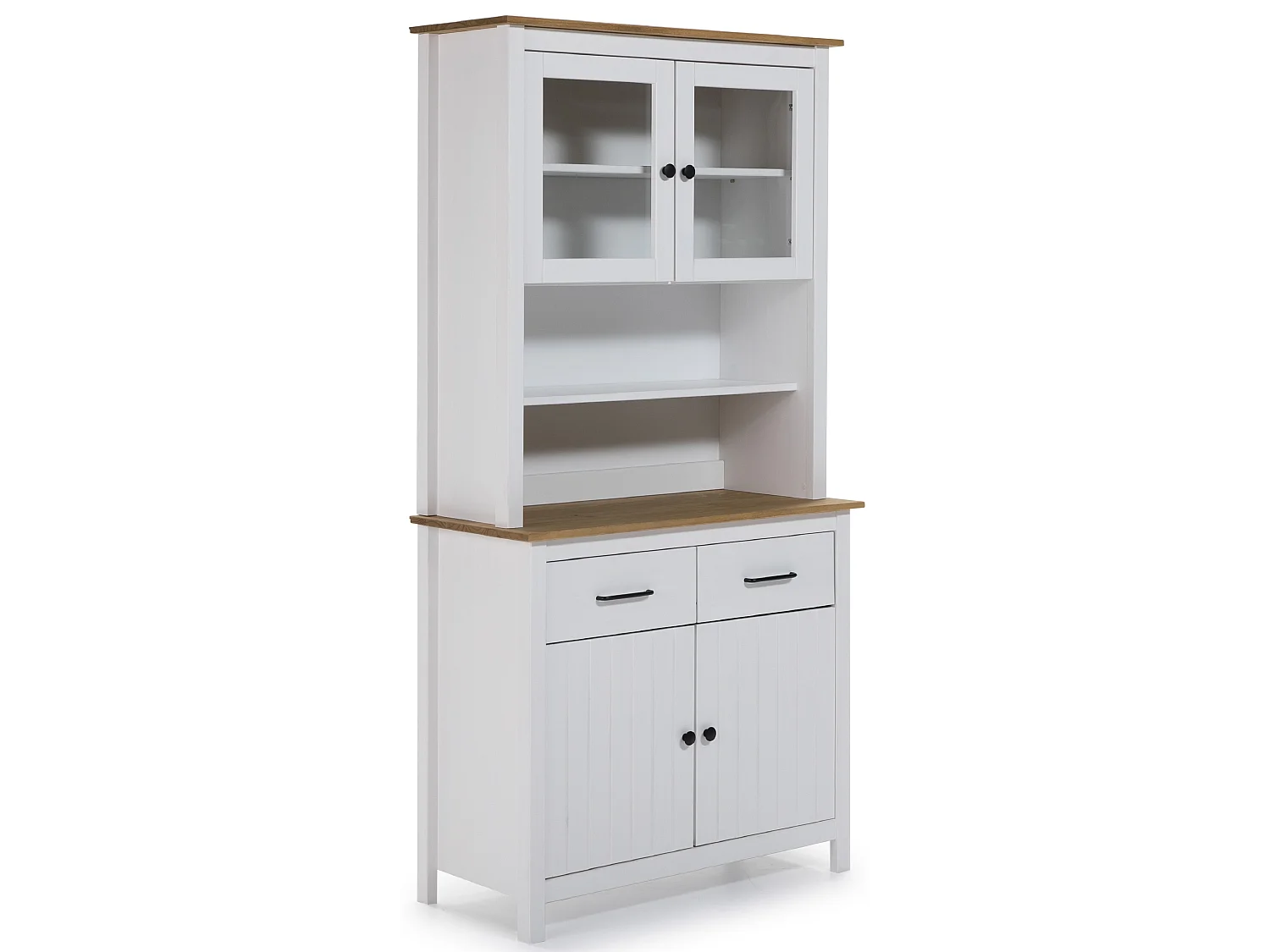 Vitrine en pin massif décor ciré chêne et blanc, meuble de rangement - Longueur 90 x Profondeur 40 x Hauteur 180 cm