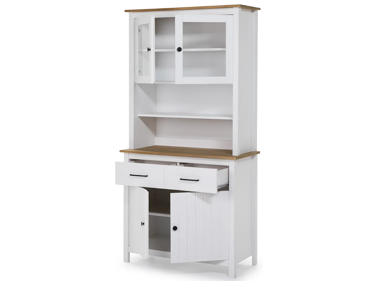 Vitrine en pin massif décor ciré chêne et blanc, meuble de rangement - Longueur 90 x Profondeur 40 x Hauteur 180 cm