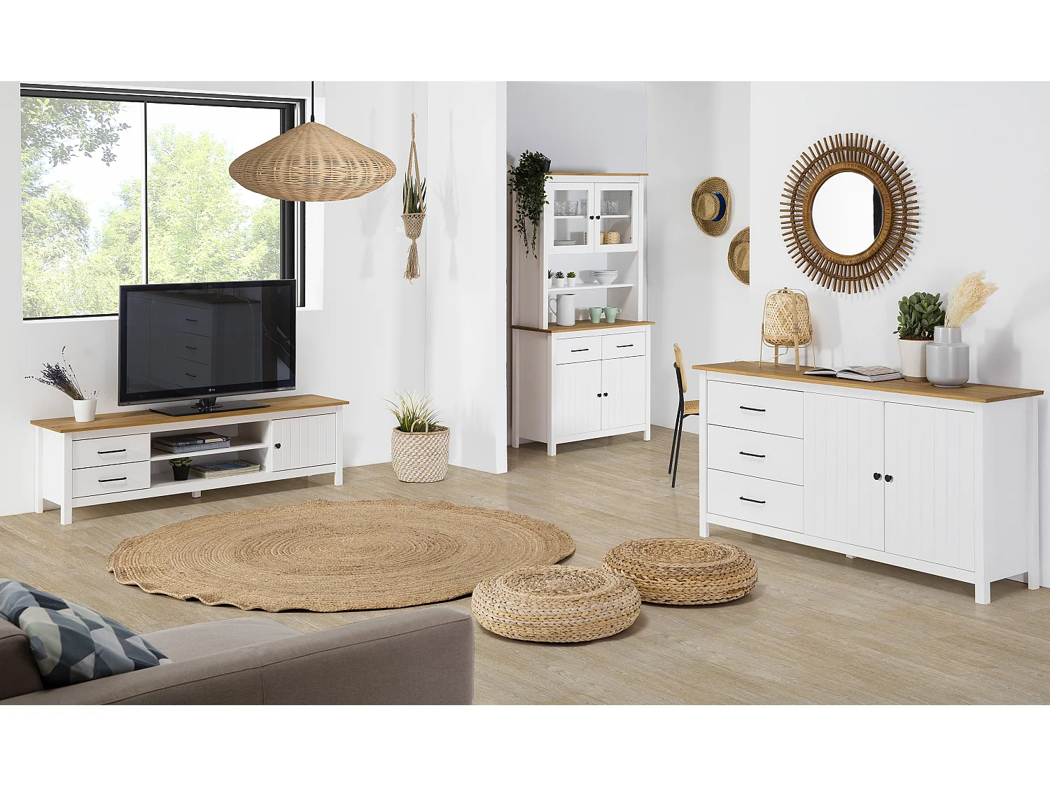 Vitrine en pin massif décor ciré chêne et blanc, meuble de rangement - Longueur 90 x Profondeur 40 x Hauteur 180 cm