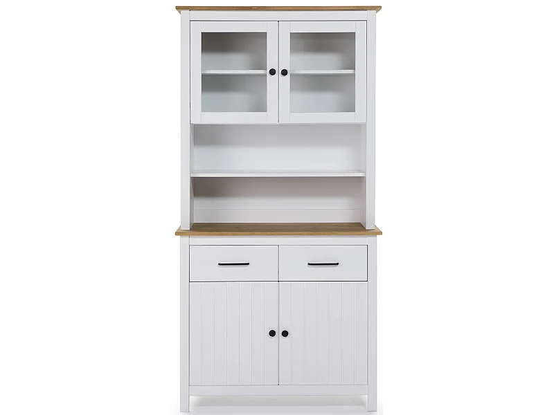 Vitrine en pin massif décor ciré chêne et blanc, meuble de rangement - Longueur 90 x Profondeur 40 x Hauteur 180 cm