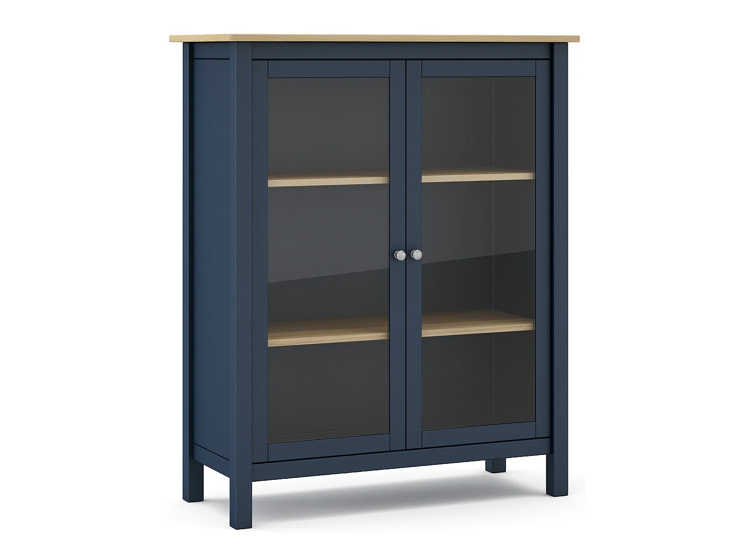 Vitrine en pin massif chêne et bleu, meuble de rangement avec 2 portes - Longueur 90 x Profondeur 40 x Hauteur 110 cm