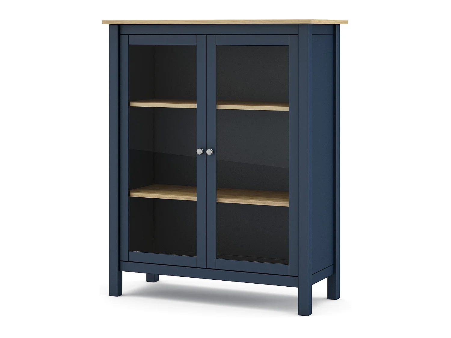 Vitrine en pin massif chêne et bleu, meuble de rangement avec 2 portes - Longueur 90 x Profondeur 40 x Hauteur 110 cm