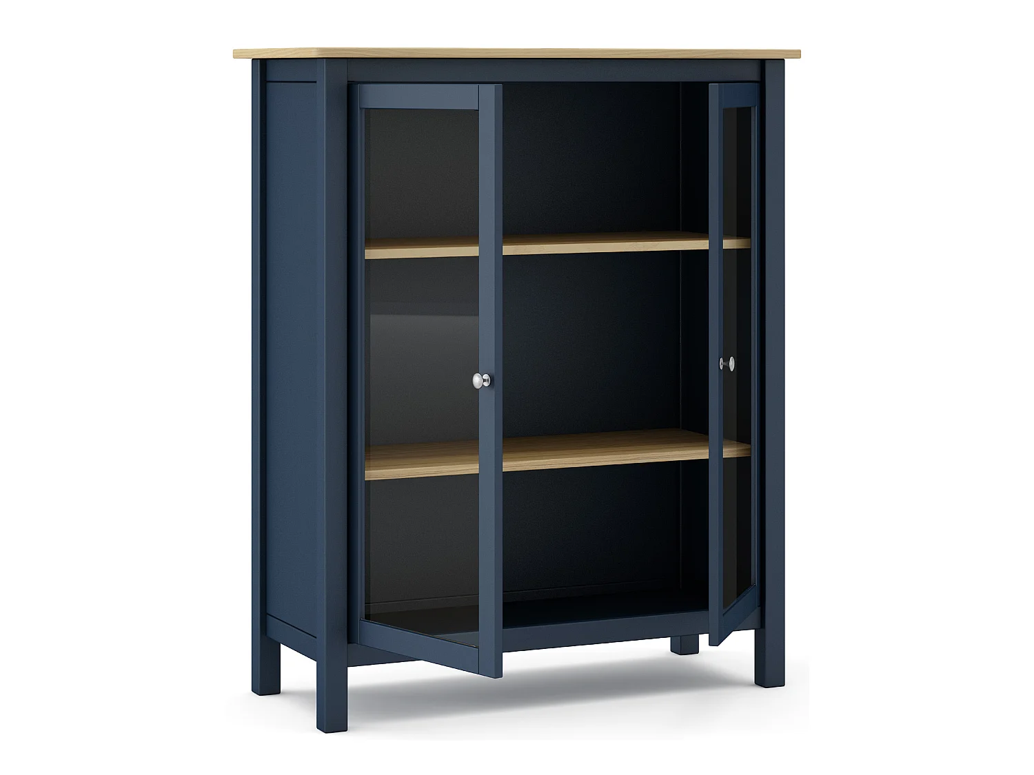 Vitrine en pin massif chêne et bleu, meuble de rangement avec 2 portes - Longueur 90 x Profondeur 40 x Hauteur 110 cm