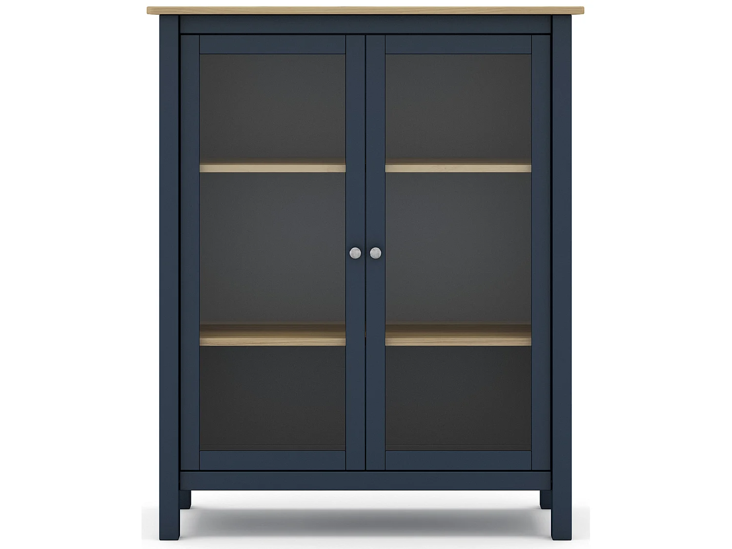 Vitrine en pin massif chêne et bleu, meuble de rangement avec 2 portes - Longueur 90 x Profondeur 40 x Hauteur 110 cm