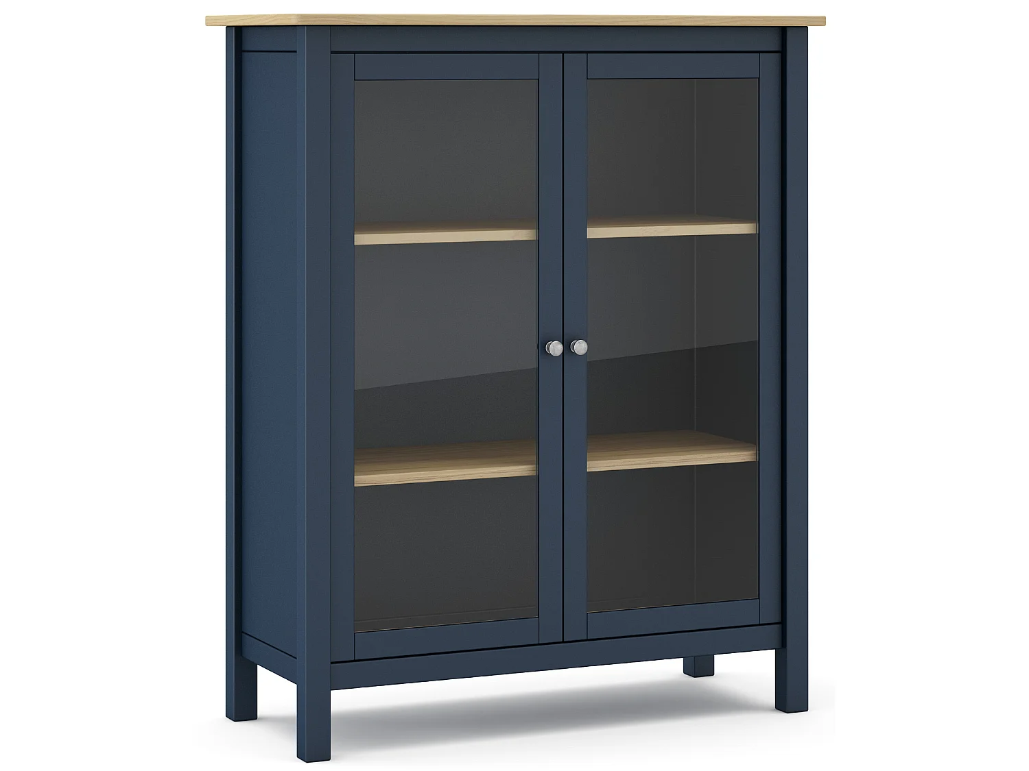 Vitrine en pin massif chêne et bleu, meuble de rangement avec 2 portes - Longueur 90 x Profondeur 40 x Hauteur 110 cm