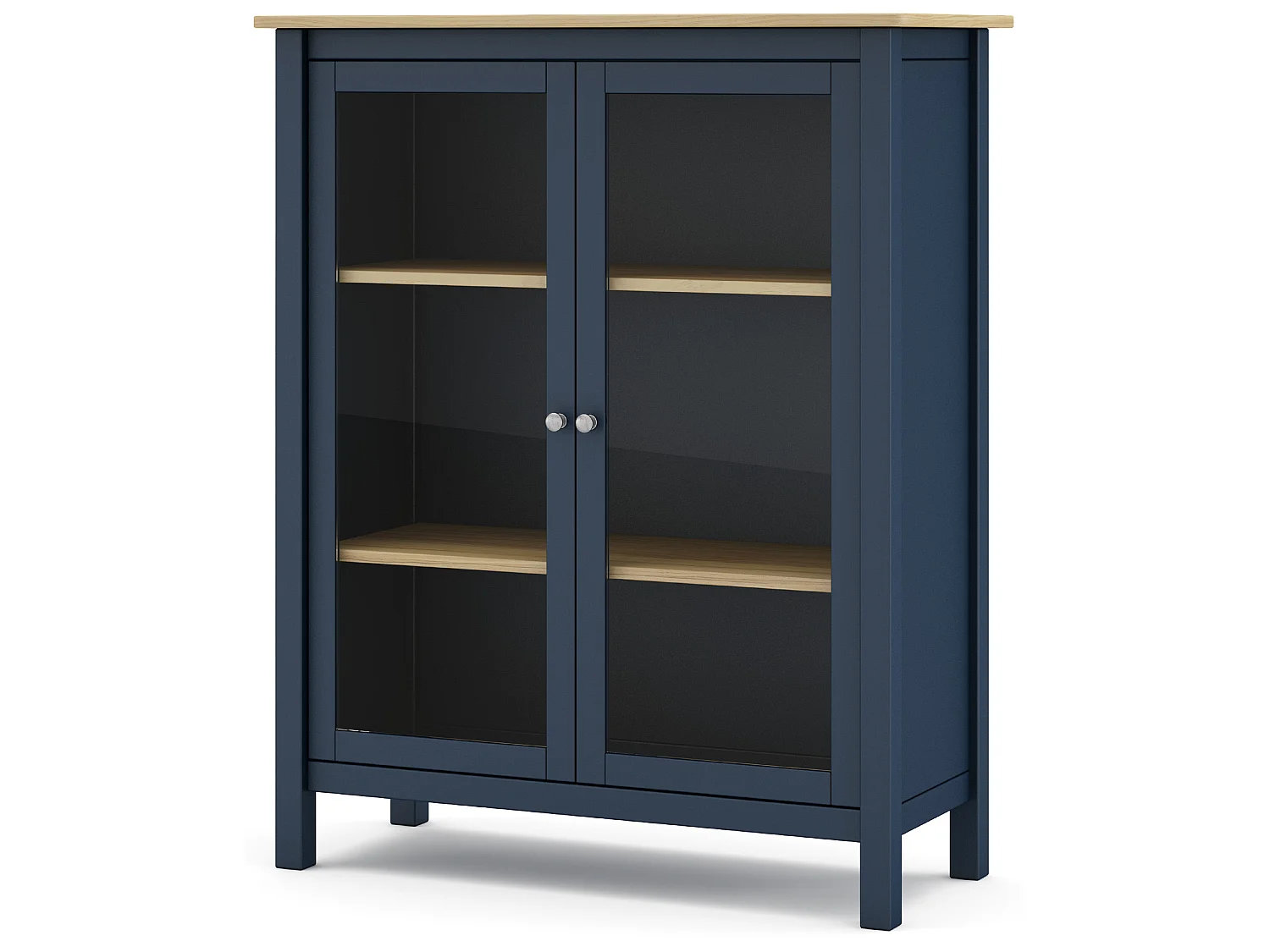 Vitrine en pin massif chêne et bleu, meuble de rangement avec 2 portes - Longueur 90 x Profondeur 40 x Hauteur 110 cm