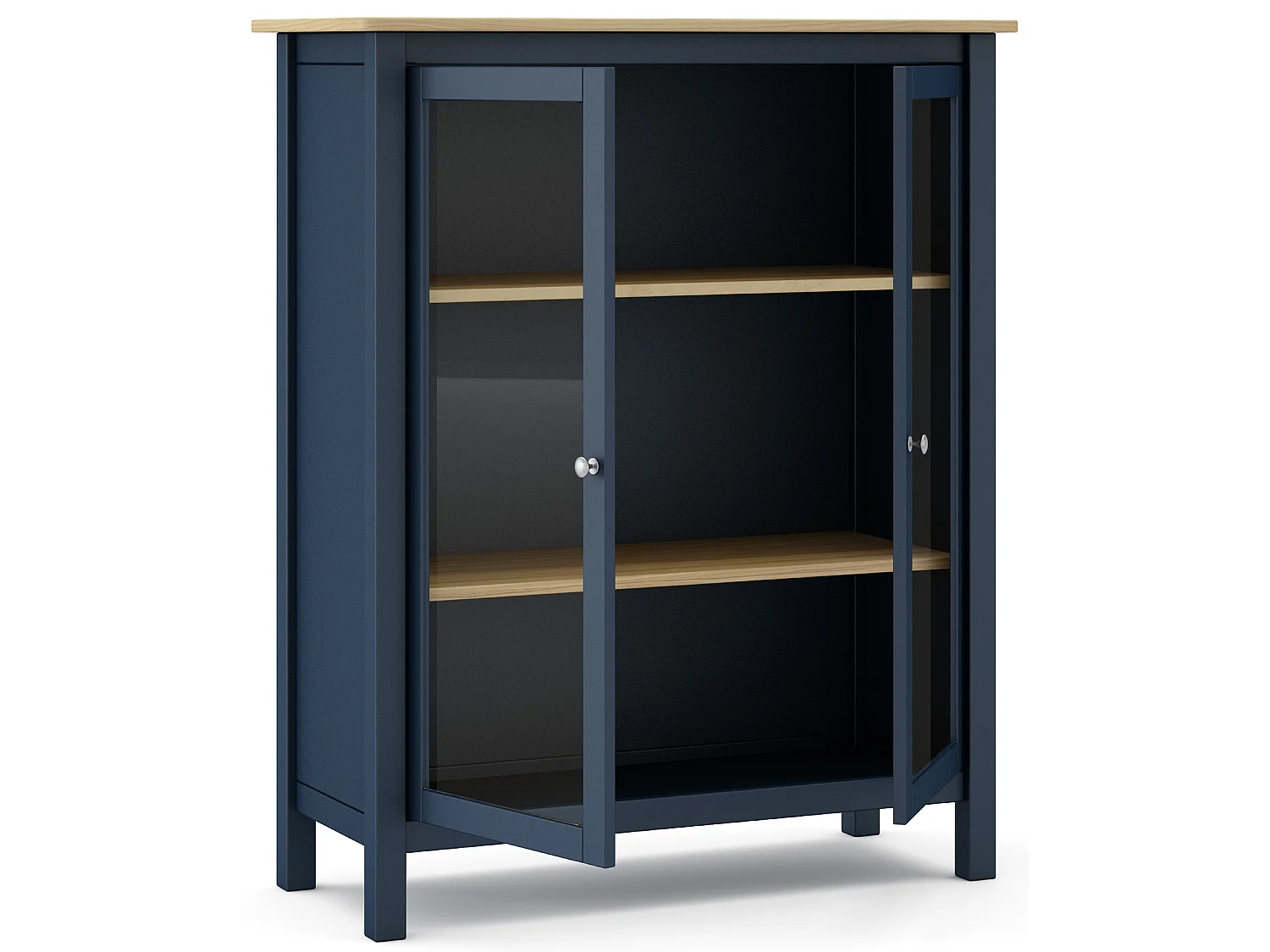 Vitrine en pin massif chêne et bleu, meuble de rangement avec 2 portes - Longueur 90 x Profondeur 40 x Hauteur 110 cm