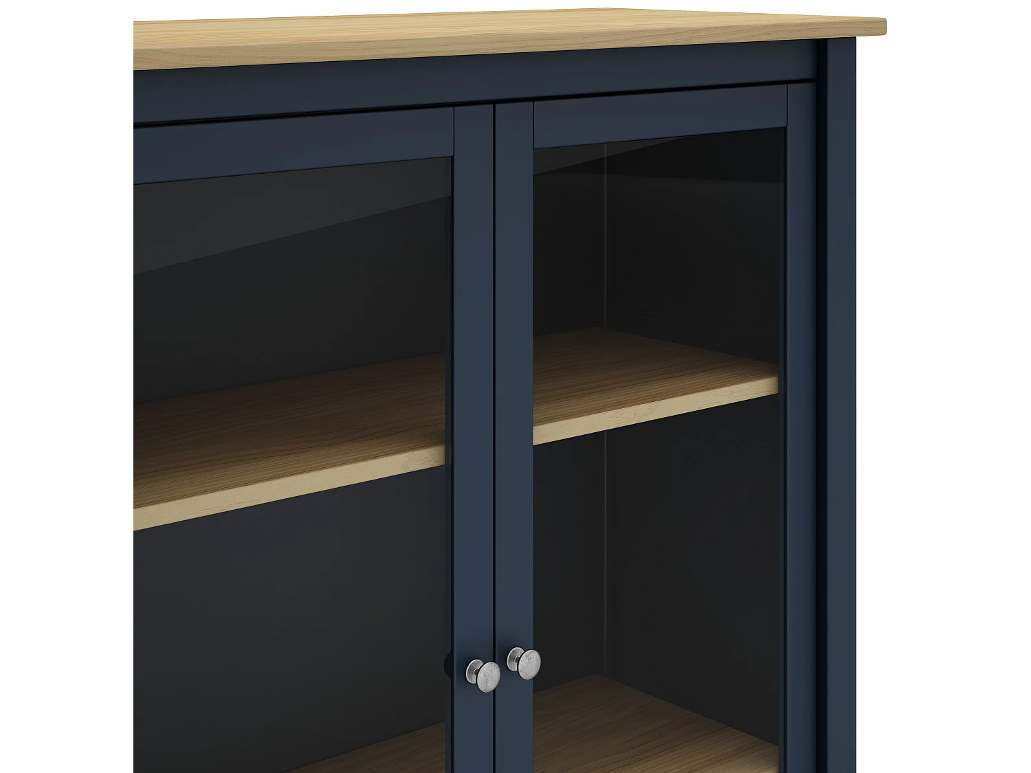 Vitrine en pin massif chêne et bleu, meuble de rangement avec 2 portes - Longueur 90 x Profondeur 40 x Hauteur 110 cm