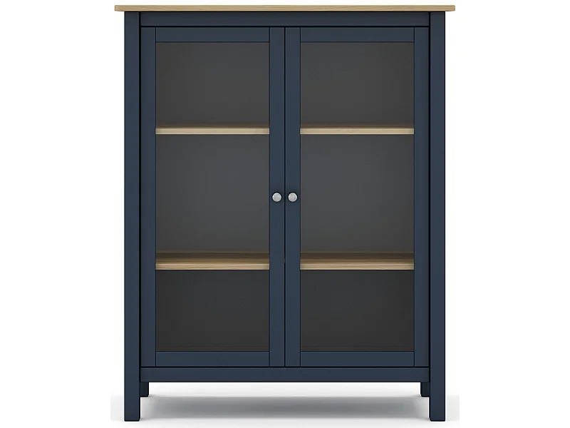 Vitrine en pin massif chêne et bleu, meuble de rangement avec 2 portes - Longueur 90 x Profondeur 40 x Hauteur 110 cm