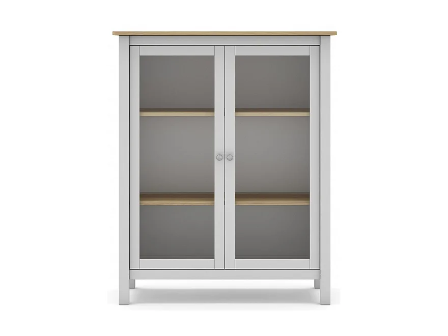 Vitrine en pin massif chêne et blanc, meuble de rangement avec 2 portes - Longueur 90 x Profondeur 40 x Hauteur 110 cm