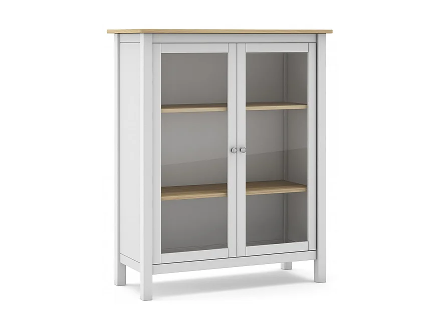 Vitrine en pin massif chêne et blanc, meuble de rangement avec 2 portes - Longueur 90 x Profondeur 40 x Hauteur 110 cm