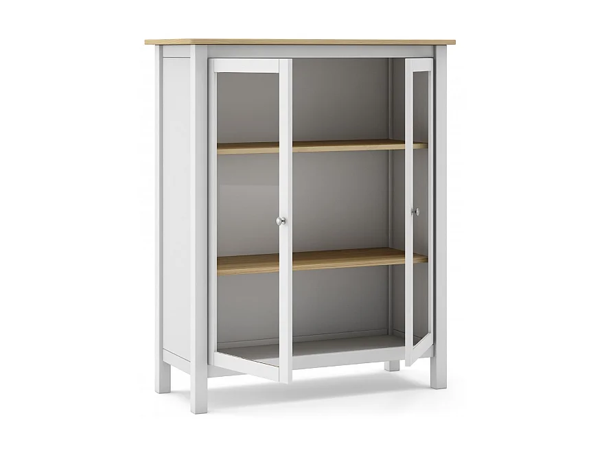 Vitrine en pin massif chêne et blanc, meuble de rangement avec 2 portes - Longueur 90 x Profondeur 40 x Hauteur 110 cm