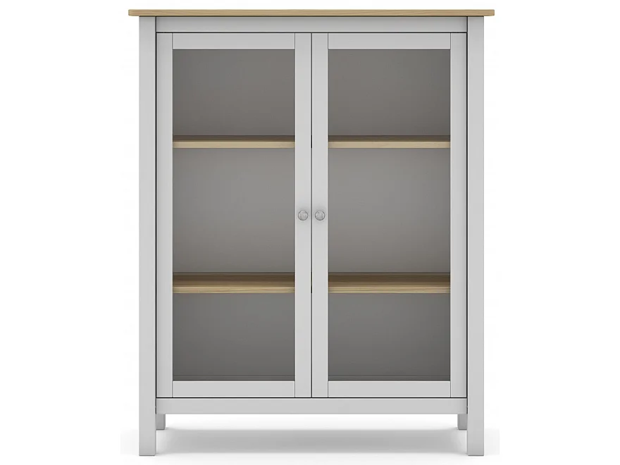 Vitrine en pin massif chêne et blanc, meuble de rangement avec 2 portes - Longueur 90 x Profondeur 40 x Hauteur 110 cm