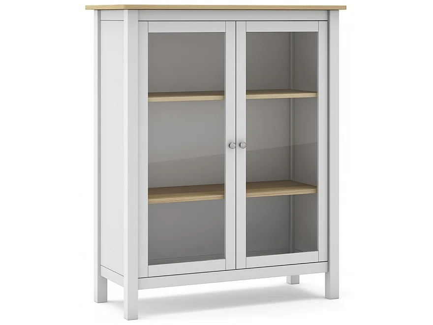 Vitrine en pin massif chêne et blanc, meuble de rangement avec 2 portes - Longueur 90 x Profondeur 40 x Hauteur 110 cm
