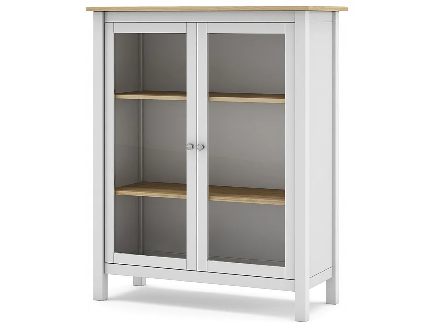 Vitrine en pin massif chêne et blanc, meuble de rangement avec 2 portes - Longueur 90 x Profondeur 40 x Hauteur 110 cm