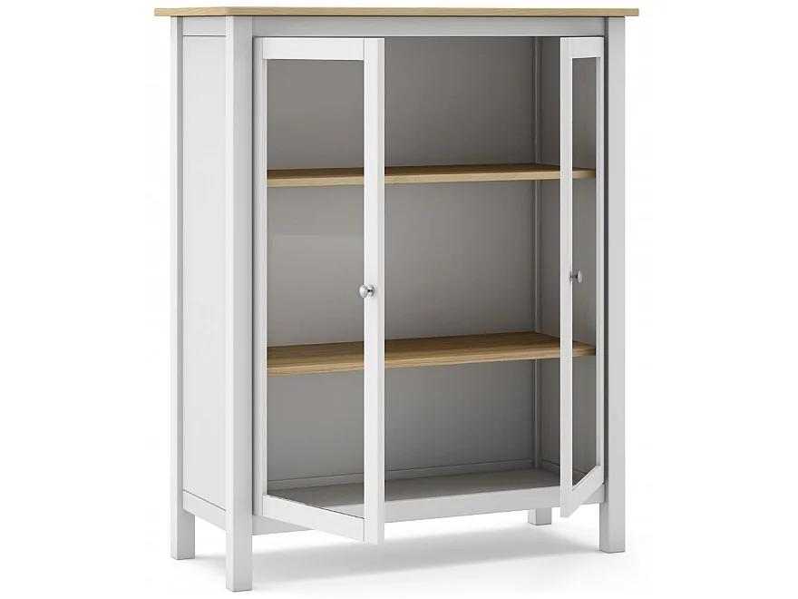 Vitrine en pin massif chêne et blanc, meuble de rangement avec 2 portes - Longueur 90 x Profondeur 40 x Hauteur 110 cm