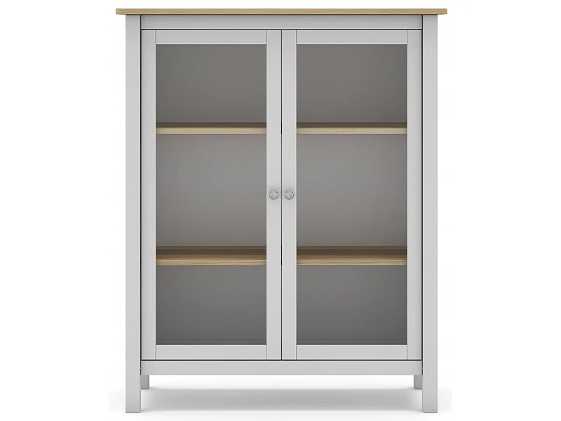 Vitrine en pin massif chêne et blanc, meuble de rangement avec 2 portes - Longueur 90 x Profondeur 40 x Hauteur 110 cm